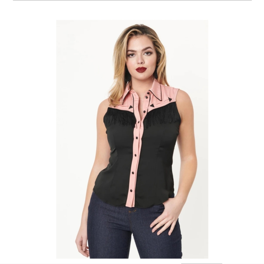 PLUS SIZE - UNIQUE VINTAGE SLEEVELESS FRINGE WESTERN TOP - 4X
